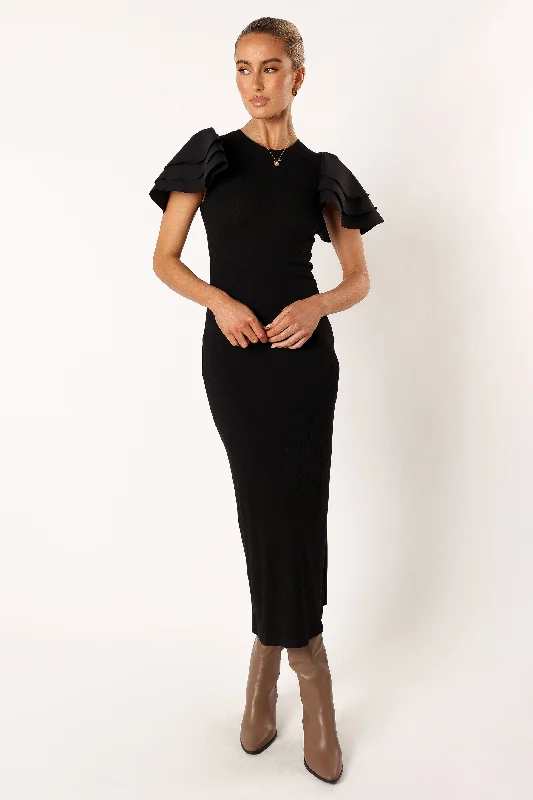 Cally Ruffle Sleeve Midi Dress - Black